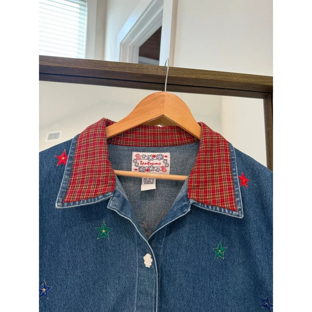 Tantrums Vintage Christmas Denim Jacket Embroidered Santa Reindeer Plaid Collar - Picture 4 of 9